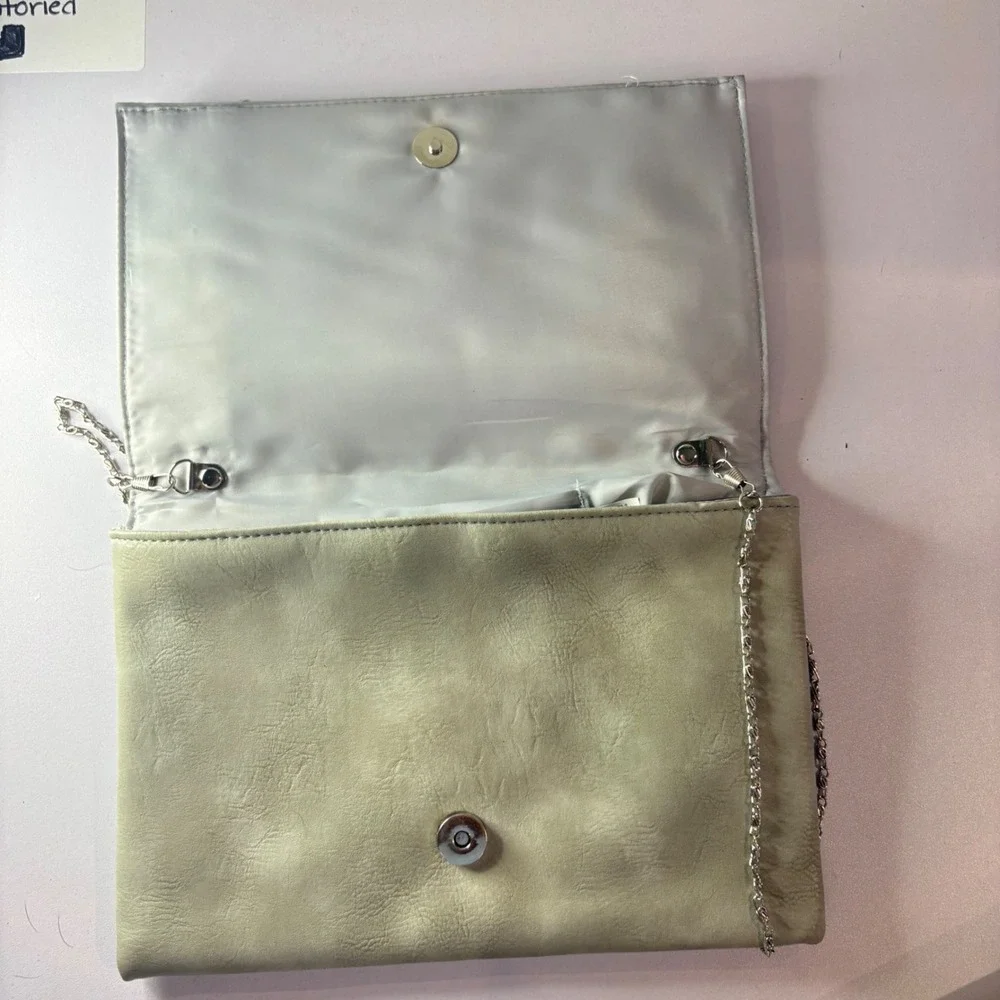 Greige Faux Leather Foldover Clutch Bag with Silver Chain Strap and Zippers